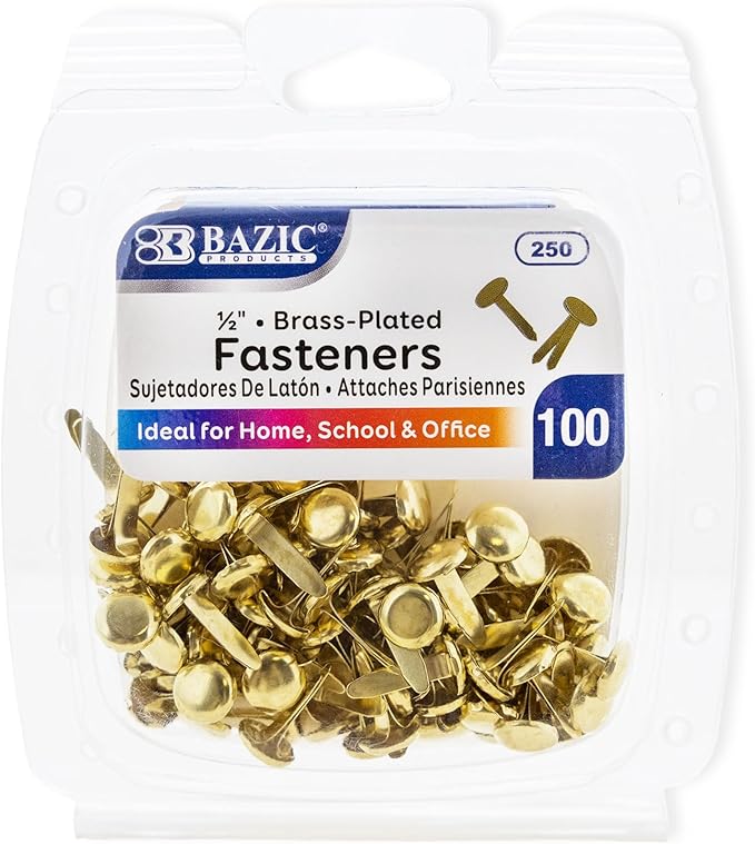 BAZIC Products Brass Plated Fasteners 1/2 Inch, Round Head Paper Fastener Brads for Office School Organization Scrapbooking Art and Crafts (100/Pack), 1-Pack