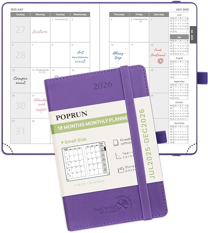 POPRUN Pocket Monthly Planner 2025-2026 (Pocket- 4''x 6.25''Soft Leather Cover) - 18 Month Calendar Book for Purse (Jul.2025-Dec.2026), 100 GSM Thick Paper - Purple