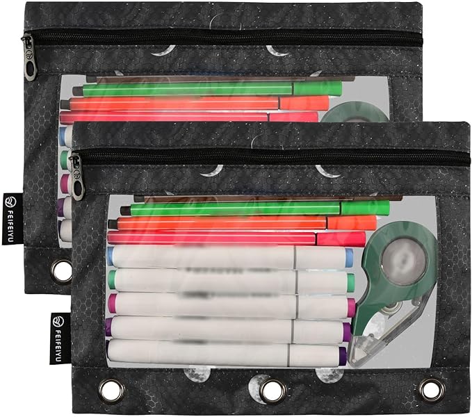 ZAZYXTJ Moon Phase Binder Pencil Pouchs 3 Ring with Zipper Clear Window Office Organizers bag for School Students Teacher Supplies 2 Pack