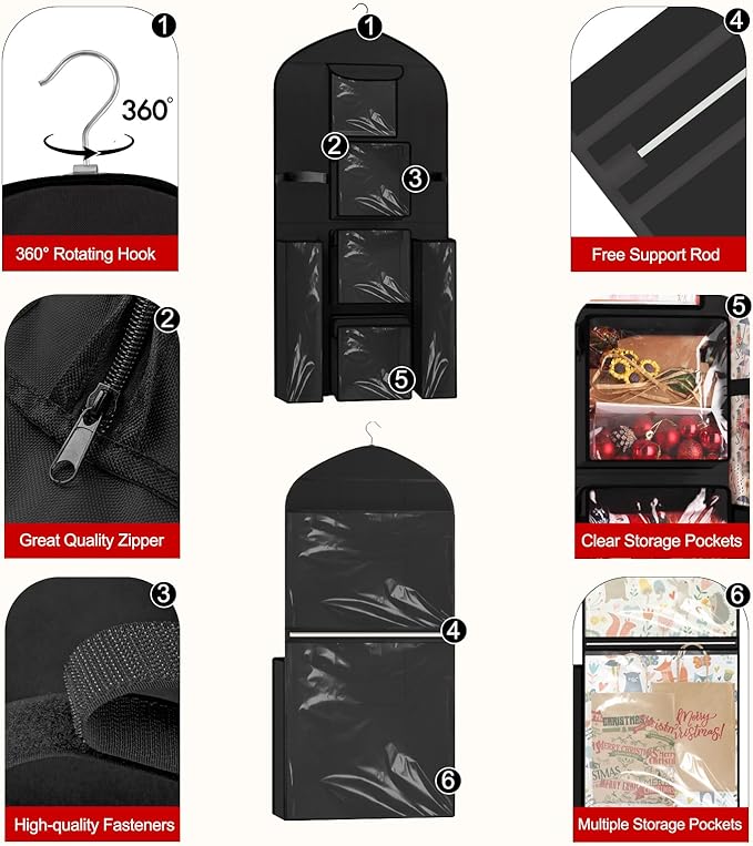 Hanging Gift Wrapping Paper Storage, 48x24 (Extra Large) Black Double-Sided Christmas Wrapper Bag Container, Oxford Long Craft Roll Organizer, Present Wrap Holder for Closet, Door