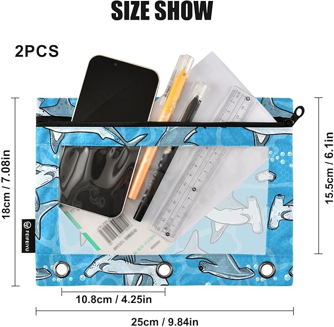 ZAZYXTJ Hammerhead Shark Binder Pencil Pouchs 3 Ring with Zipper Clear Window Office Organizers bag for School Students Teacher Supplies 2 Pack