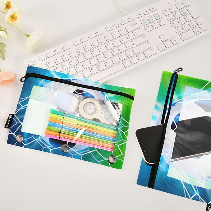 Soccer Ball Football on Field Pencil Pouch for 3 Ring Binder, 2 Pack Waterproof Pencil Bags Clear Window Pencil Case Zipper School Office Supplies