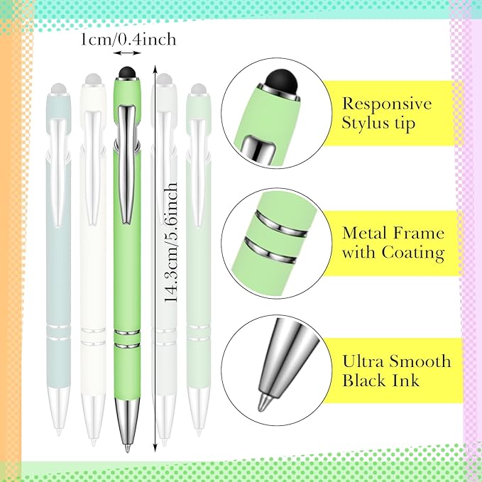 Zonon 38 Pieces Rubberized Ballpoint Pen with Stylus Tip Stylish Metal Pen Capacitive Styli with Soft Rubberized Grip, Black Ink for Most Devices(Charming Colors)