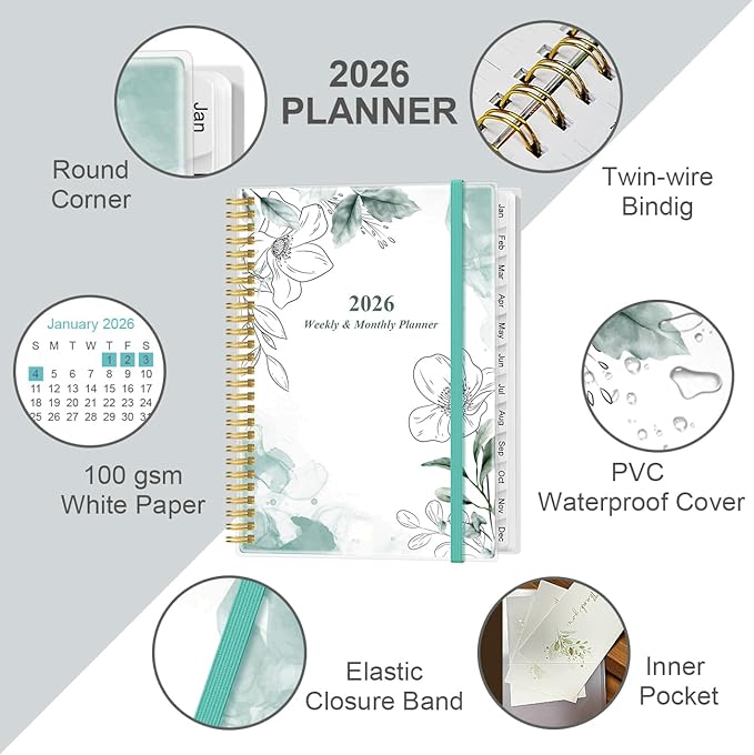 2026 Planner - Planner 2026 from January 2026 to December 2026 with 12 Monthly Tabs, Flexible Cover, Inner Pocket, 8.5" x 11", Teal Flowers