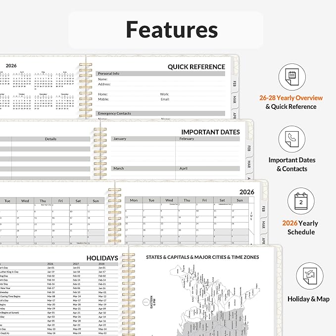 SUNEE Planner 2026 Weekly and Monthly, January 2026-December 2026, 8.5"x11", Tabs, Note Pages,Spiral Binding, Black