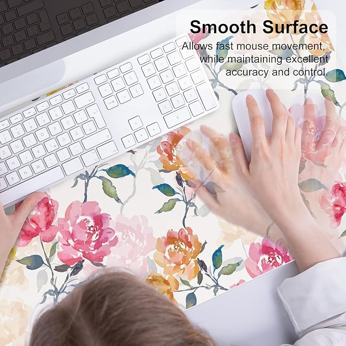 QIYI Floral Mouse Pad, Watercolor Flowers Desk Mat for Desktop, Women Girls Office Décor Accessories, PU Leather Waterproof Gaming Mousepad, Pink Yellow Peonies Desk Pad Computer Mat, 31.5" x 15.7"