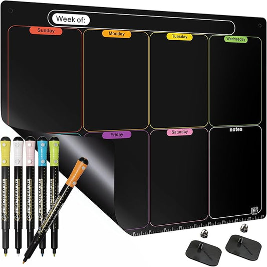 MAG-FANCY Magnetic Calendar for Refrigerator Black Weekly Planner Dry Erase Calendar Chalkboard Semi-Gloss Planning Board 6 Fine Tip Wet Erase Markers & Mounts for Wall Hanging