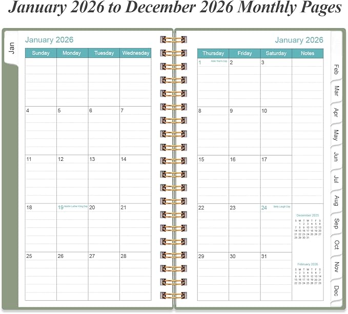 2026 Pocket Planner/Calendar - Planner from January 2026 - December 2026, Planner 2026 with 12 Tabs, Twin-Wire Binding, Inner Pocket, 3.75" x 6.75", Green