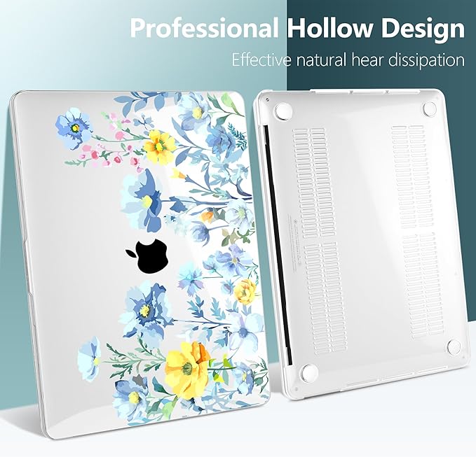 TWOLSKOO Compatible with MacBook Pro 13 inch Case 2023-2016 A2338 M2/M1 A2251 A2289 A2159 A1989 A1706, Plastic Hard Shell Cover & Keyboard Skin & Screen Protector, Blue Flowers