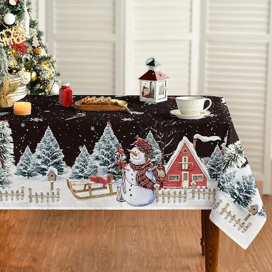 Horaldaily Christmas Tablecloth 60×140 Inch Rectangular, Winter Snowman House Christmas Trees Black Washable Table Cover for Party Picnic Dinner Decor