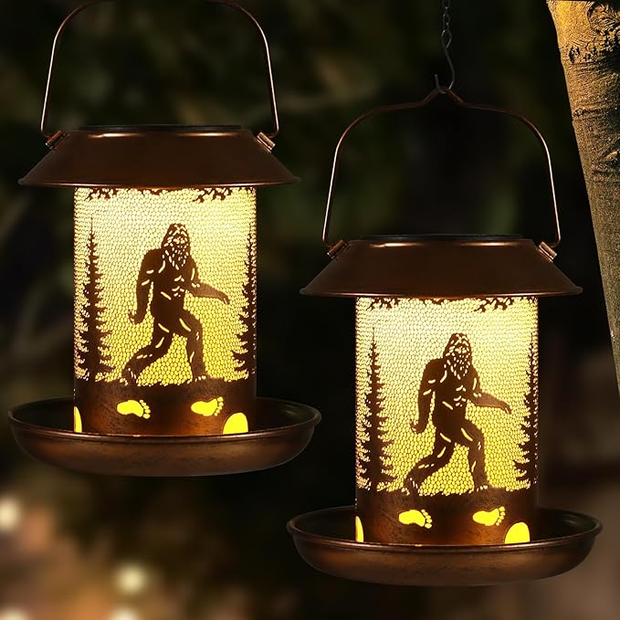 2 Pack Bird Feeders for Outdoors Bigfoot Garden Decor Gifts for Women Mom Grandma Solar Lanterns Outdoor Waterproof Metal Solar Decoration OutsideLED Lanterns for Yard, Patio, Lawn, Pathway