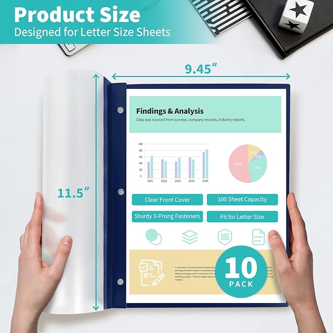 Binditek 10 Pack Heavy-Duty Clear Front Report Covers with 3 Prongs, 100-Sheet Capacity, Plastic Report Folder with Navy Back Covers, 3 Metal Prongs Fasteners, for Letter Size, Office Supplies