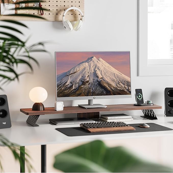 Fenge Dual Monitor Stand Riser, 42.5 Inch Desk Top Shelf for 2 Monitors, Computer Stands for Desk, Wood & Steel Desktop Riser for Laptop, PC, Printer