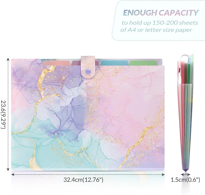 SKYDUE Expanding File Folder with 5 Pockets, Cute Accordion File Organizer, Letter Size Filing Folder, Letter Size Folders for Documents, School Office Supplies Marble Pink