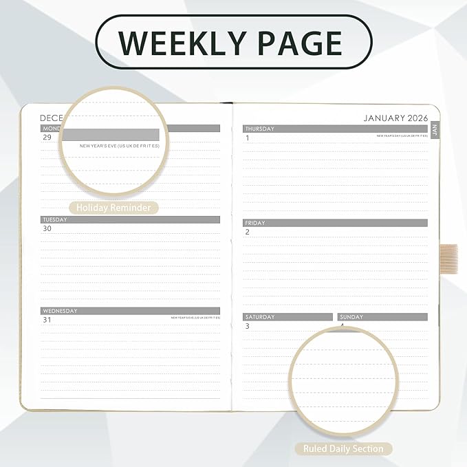 2026 Planner - Planner 2026, 2026 Weekly Monthly Planner, Jan.2026 - Dec.2026, 5.7'' x 8.4'', Thick Paper, Leather Cover, Pen Holder, Back Pocket, Bookmarks, Perfect Daily Organizer - Off-white