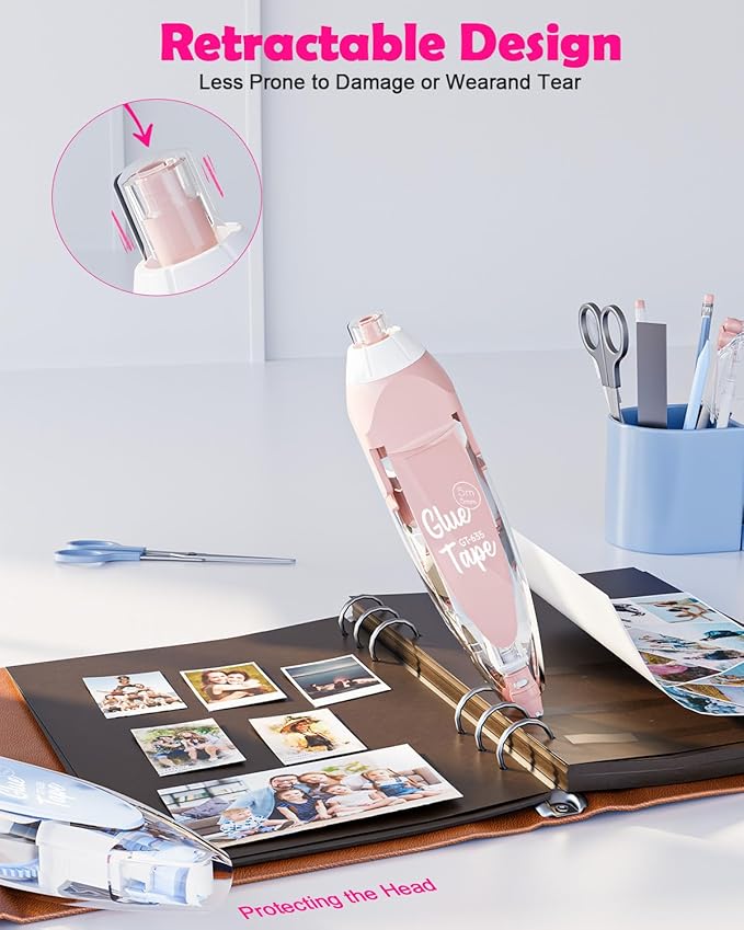 Retractable Glue Tape for Scrapbooking, 2 Pcs Double Sided Tape Roller for Crafts with 4 Extra Refills,16FT Scrapbook Tape Runner, Tape for Gift Wrapping Art Junk Journal School Office Supplies