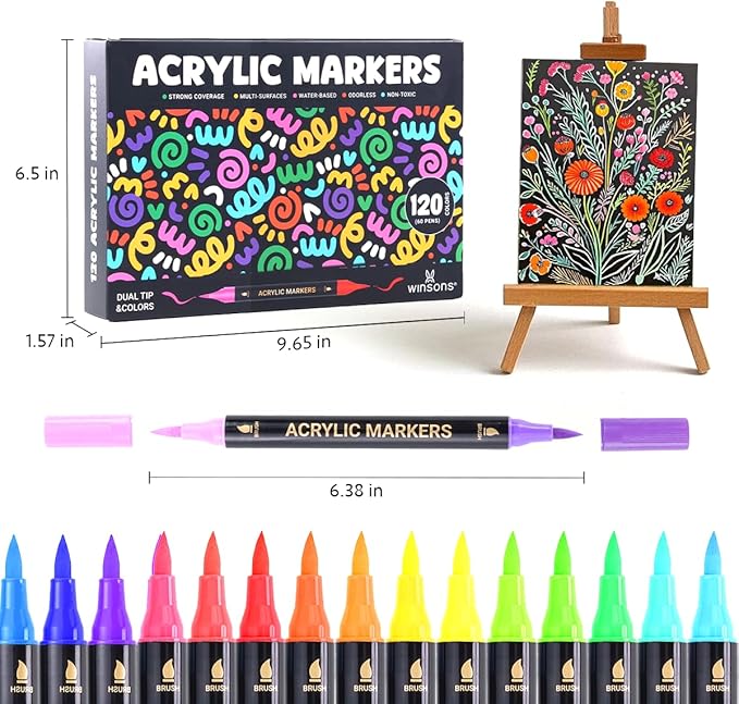 WINSONS 120 Colors Acrylic Paint Marker, Dual Tip and Dual Colors Acrylic Paint Pens for Stone, Wood, Canvas, Ceramic, Metal, Glass, Rock Painting, DIY Crafs Art Supplies (120 Colors)