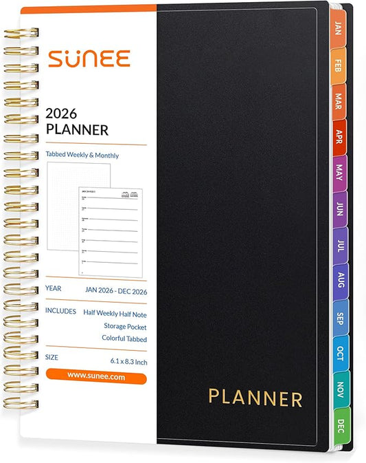 2026 Planner SUNEE Weekly and Monthly Planner - January 2026-December 2026, 6.4" x 8.3" Half Weekly Half Note, Daily 2026 Calendar Planner with PVC Waterproof Cover, Monthly Tab, Note, Bookmark, Black