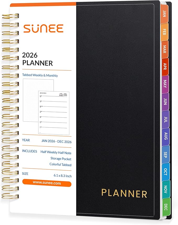 2026 Planner SUNEE Weekly and Monthly Planner - January 2026-December 2026, 8.5"x11" Half Weekly Half Note, Daily 2026 Calendar Planner with PVC Waterproof Cover, Monthly Tab, Note, Bookmark, Black