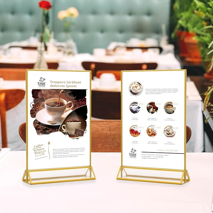 4x6 Acrylic Sign Holders 8 Pack Gold Table Number Holder for Wedding Picture Frame Double Sided Table Menu Stands with Vertical Stand, Photos and Art Display