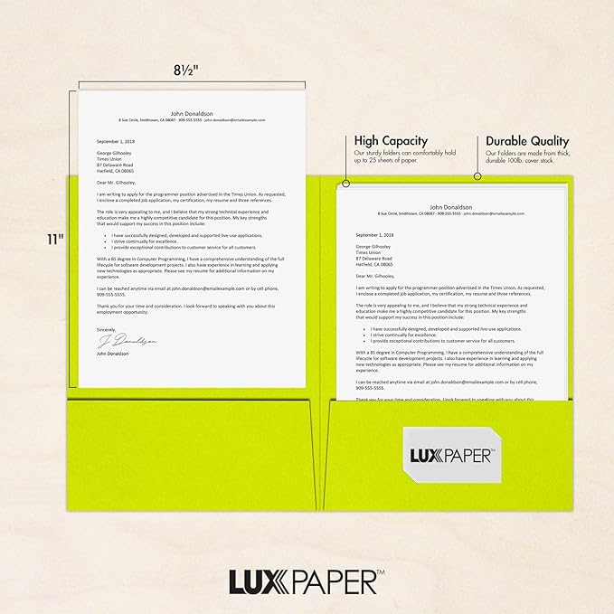 LUXPaper 9" x 12" Presentation Folders | Two Pocket | Wasabi Green | 100lb. Cover | 25 Qty