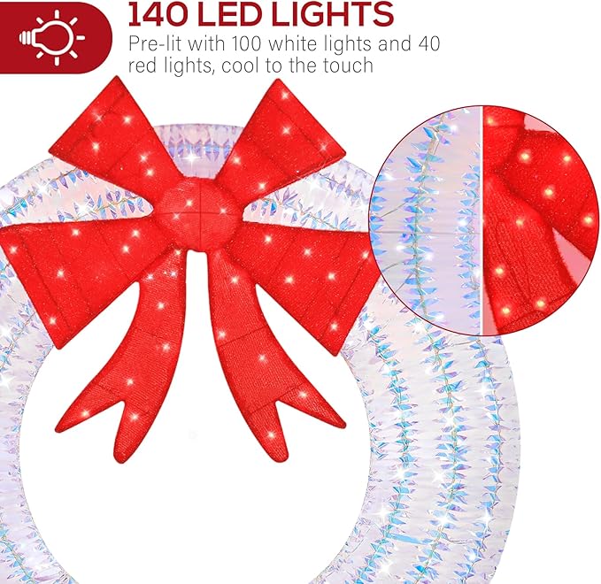 Hykolity 48 in. 3D Lighted Outdoor Iridescent Christmas Wreath with Red Bow, 140 LED Lights Christmas Wreath for Holiday, Garden, Porch Decoration