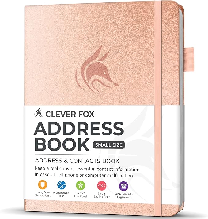 Clever Fox Address Book with alphabetic tabs - PU leather telephone and address book for keeping contacts safe, Contact Organizer Journal, Small Size (4.0″ x 5.5″), Hardcover, Rose Gold