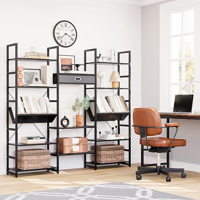 NUMENN Bookcases and Bookshelves Triple Wide 5 Tier Bookshelf, Large Etagere Bookshelf with Storage Drawer, Adjustable Open Display Shelves for Living Room, Bedroom, Home Office, Black