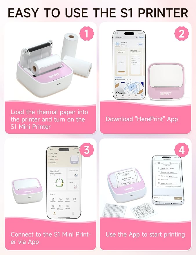 iDPRT Portable Sticker Maker Machine with 1 Roll Sticker Paper, Mini Printer Efficiently and Quickly, Thermal Printer for Study Notes, Pictures, DIY, Label, Free App with Multiple Templates, Pinkcolor