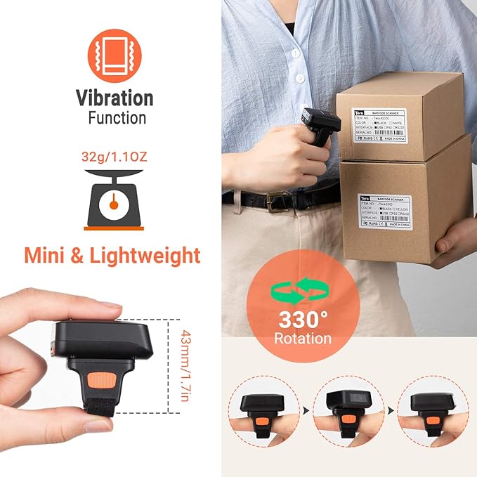 Tera 1D Wireless Barcode Scanner Compatible with Bluetooth, Printed Digital Barcode Reader Scanner Mini Wearable for Windows, Mac OS, Android with Vibration Alert Model HW0011