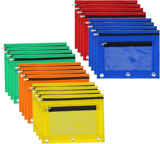 20 Pieces 3 Ring Pencil Pouch Bag Bulk Zipper Pouches for 3 Ring Binder with Clear Window for Pencil Cases Office Supplies(5 Color)