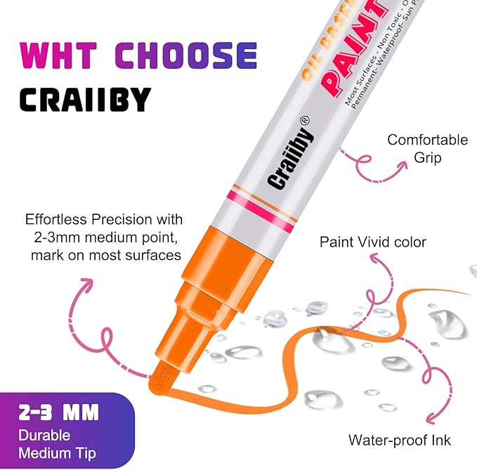 Orange Paint Markers, 3 Pack Oil-Based Waterproof Quick Dry Permanent Paint Pen Set for Rocks Painting, Wood, Fabric, Plastic, Canvas, Glass, Mugs, Metal, Tire, Stone, DIY Craft