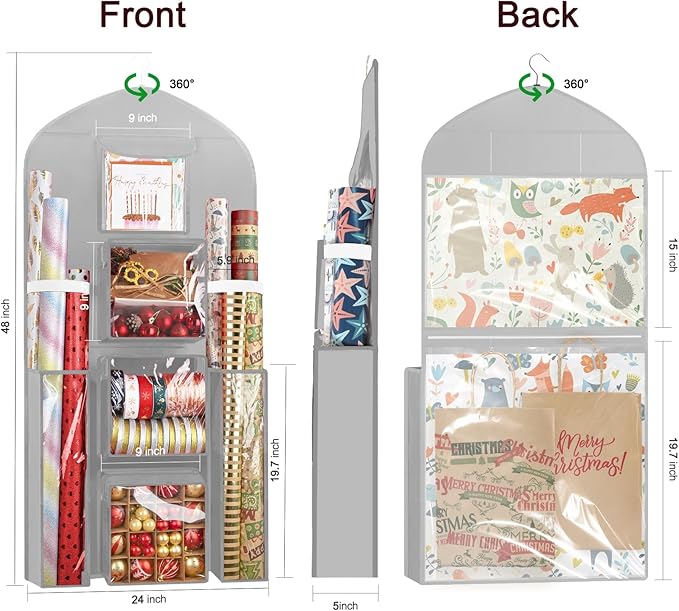 Hanging Gift Wrapping Paper Storage, 48x24 (Extra Large) Grey Double-Sided Christmas Wrapper Bag Container, Oxford Long Craft Roll Organizer, Present Wrap Holder for Closet, Door