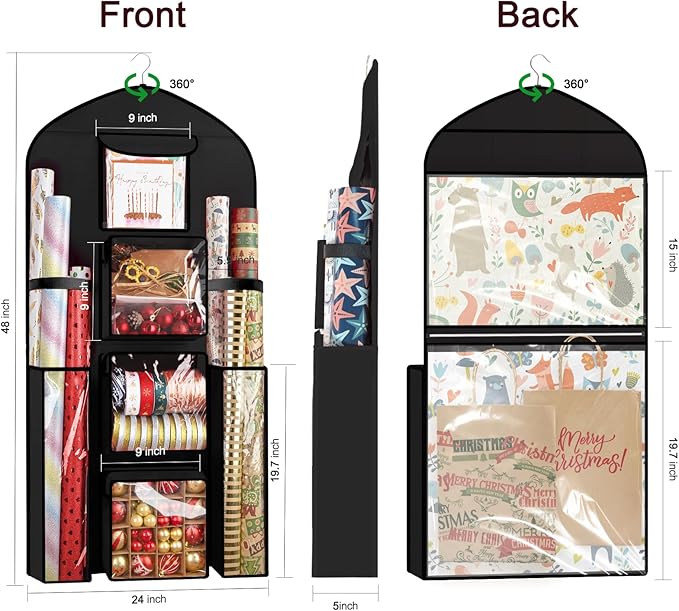 Hanging Gift Wrapping Paper Storage, 48x24 (Extra Large) Black Double-Sided Christmas Wrapper Bag Container, Oxford Long Craft Roll Organizer, Present Wrap Holder for Closet, Door