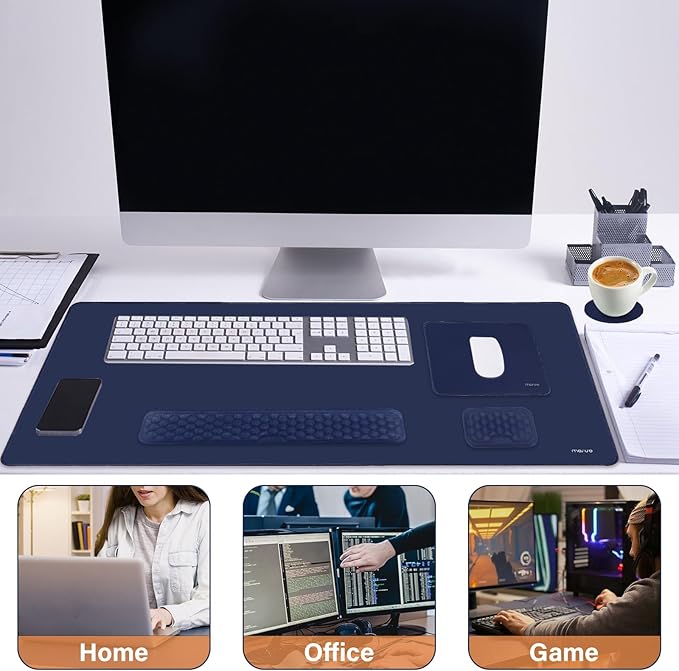 MOSISO Large Gaming Mouse Pad&Massage Keyboard Wrist Rest&Mousepad&Wrist Rest&Coaster,Ergonomic Non-Slip Base Pad Set&Pain Relief Easy Typing Cushion with Memory Foam for Home Office, Navy Blue