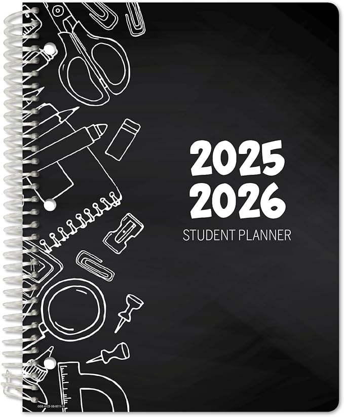 Global Datebooks Dated Middle School or High School Student Planner for Academic Year 2025-2026 Includes Ruler/Bookmark and Planning Stickers (Block Style - 8.5"x11" - Doodles)