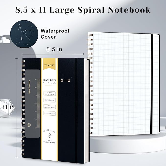 Yoment Graph Paper Notebook Spiral Notebook 8.5 x 11 A4 Large Grid Paper Notebooks, 100 GSM Thick Graph Paper, Plastic Cover Graphing Notebook for Work School Engineering, A4 Black