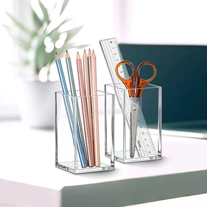 Amazing Abby - Penelope - 2-Pack Pen Holder, Acrylic Pen Holder, Clear Plastic Organizer for Office Supplies, Perfect Office Desktop Storage Solution for Pencils, Pens, Markers, Scissors, and More