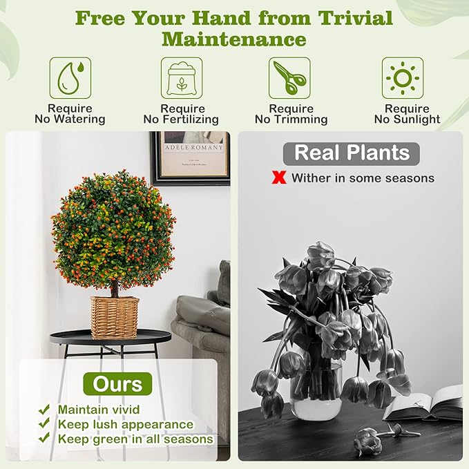 Goplus 22'' Artificial Boxwood Topiary Ball Tree, Set of 2 UV Resistant Faux Potted Plants Artificial Shrubs Bushes with Orange Fruits, Fake Evergreen Artificial Topiary for Home Front Porch Decor