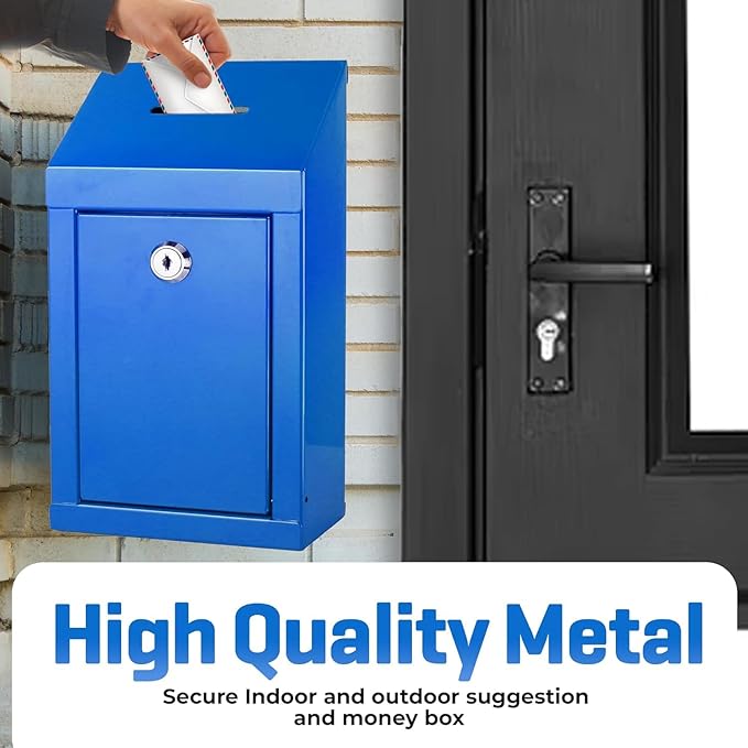 Metal Donation Box-Suggestion Box with Slot and lock-Cash Lock box for Money-Waterproof Drop Box-Comment and ballot voting box-comes with pre-drilled holes for easy wall mounting 10 X 6 X 2.5"(Blue)