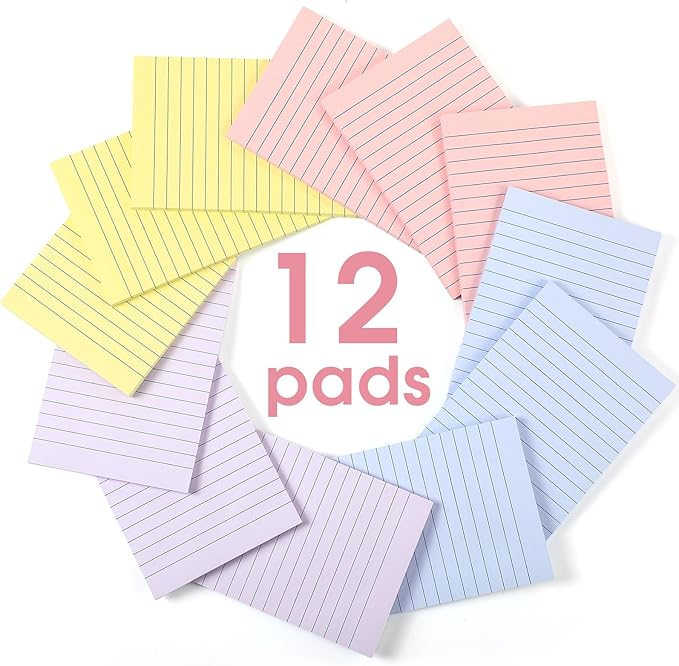 12 Pads Pastel Color Boho Sticky Notes 4x6 with Line, Lined Self Stick Notes Pads Boho Office Supplies, Vintage Aesthetic School Accessories 50 Sheets/pad