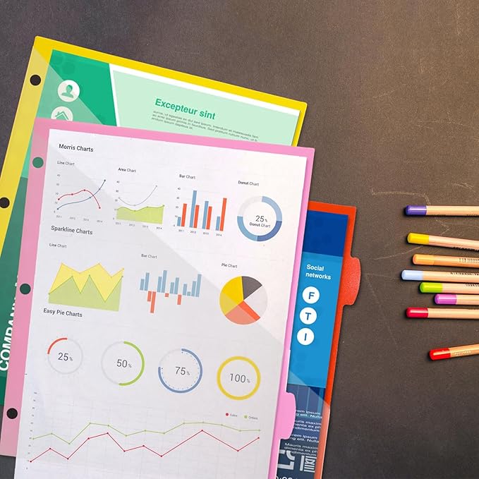 8 Tabs Plastic Dividers with Clear Front Pocket - 3 Sets, Pocket Dividers for 3 Ring Binder, Multi-Color Binder Dividers, Total 24 Tabs