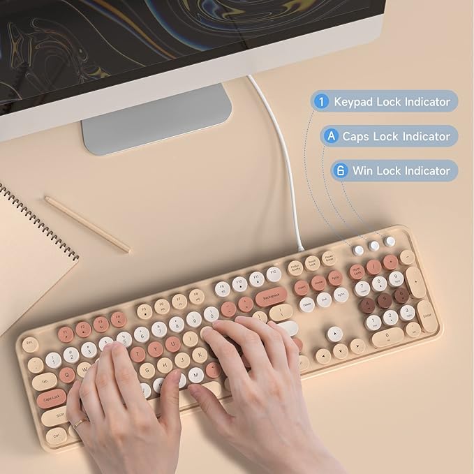 Computer Wired Keyboard, Plug Play USB Full-Size Keyboard with Large Number Pad, Caps Indicators, Foldable Stands, for Windows 7/8/10 PC Laptop (Milk Tea Colorful)