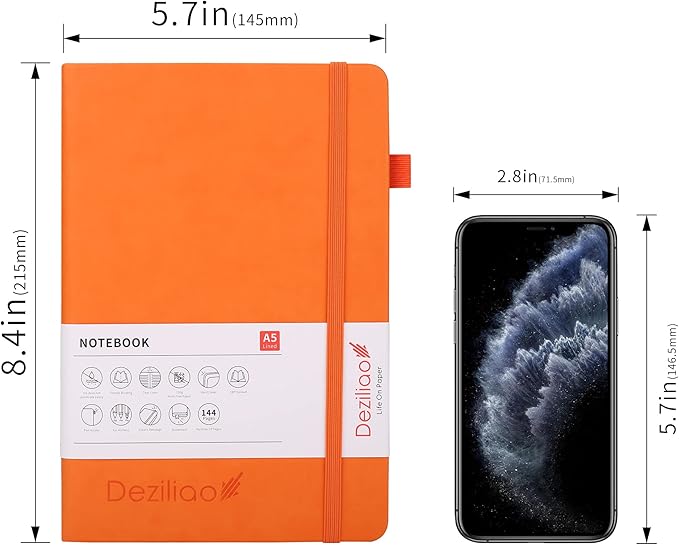 Deziliao Lined Journal Notebooks with Pen Loop, Hardcover Notebook Journal for Work, 100Gsm Premium Thick Paper with Inner Pocket, Medium 5.7''''x8.4'''', ?Orange, Ruled, 1 Pack