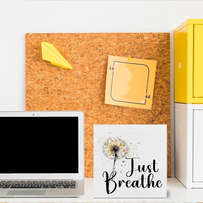 Just Breathe Decor Gift for Friend Cowrker to Relax Positive Dandelion Quote Decorations Home Office Wood Sign for Desk Table Shelf 5 x 5 Inches