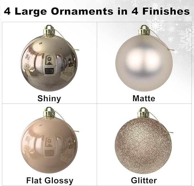 Champagne Gold 4.0" Large Christmas Balls - Christmas Tree Decoration Ornaments Shatterproof Hanging Balls for Birthday Halloween Holiday Wedding Decorations Set of 4pcs