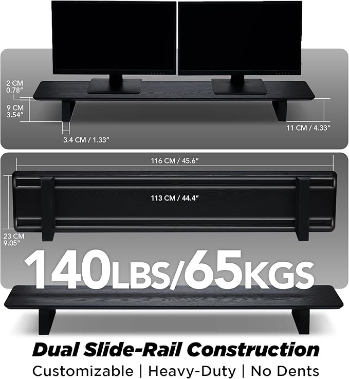 Moodular Wooden Monitor Stand 45.6” (116cm) Large Desk Organizer with Metal Slide Rails for Drawer, Tray, Laptop, Tablet, Phone & Headphones Customizable Riser for Organized Workspace Black