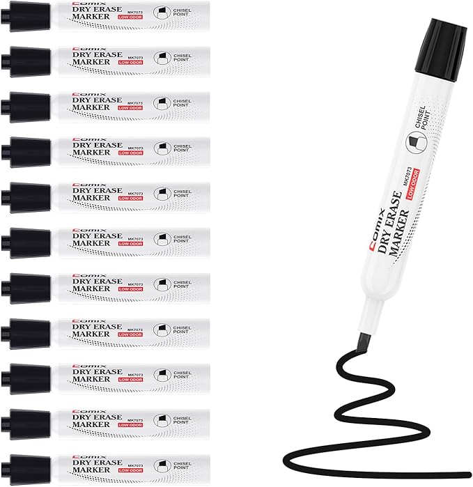 Comix Low Odor Dry Erase Markers, 12 Bulk Black Color Whiteboard Markers, Chisel Tip Thick Markers for Kids Teachers