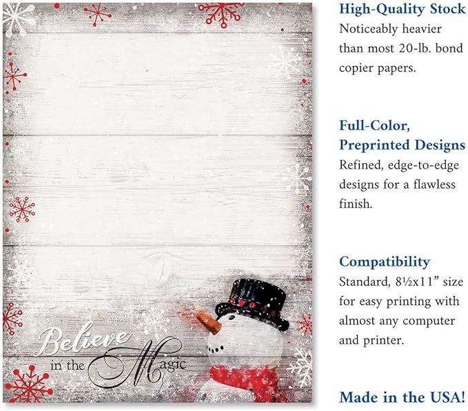Snowman Believe Holiday Letter Paper - Set of 25 Christmas stationery papers are 8 1/2" x 11", compatible computer paper
