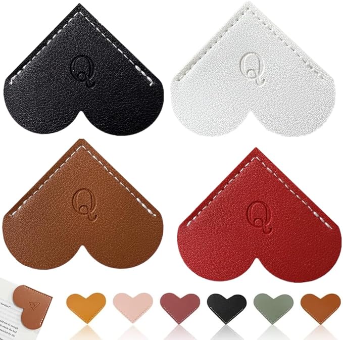 Personalized Leather Heart Bookmark, 26 Letters Customized Corner Book Mark for Reading Women, Book Marker with Initials，Cute Gifts (Black+White+Dark Brown+Red, Q)